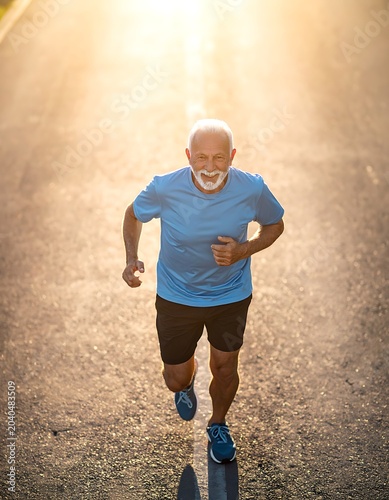 A man in athletic gear jogging on a sunny road