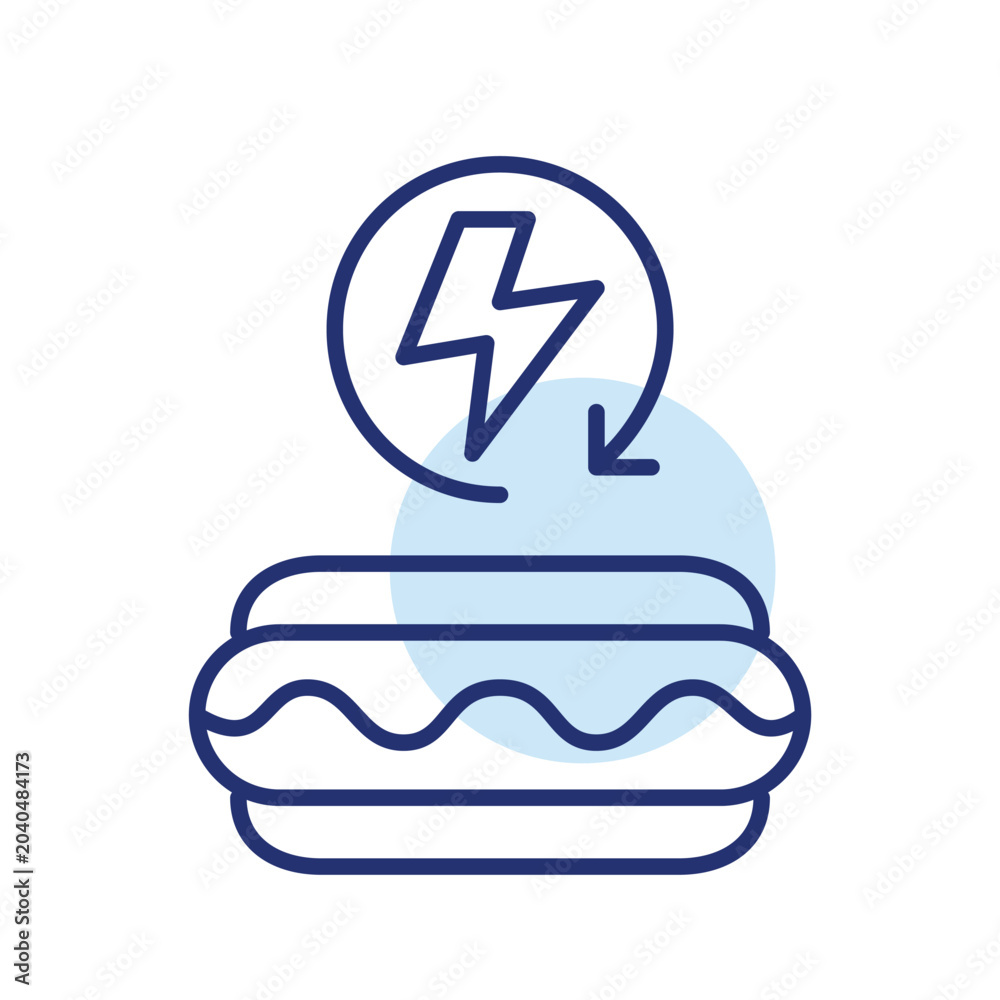 Obraz premium Hot dog in a bun and lightning bolt in renew arrow. Fast food delivery. Pixel perfect, editable stroke vector icon