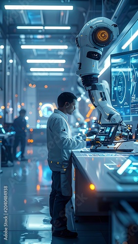 A man interacts with a large robotic arm in a futuristic lab