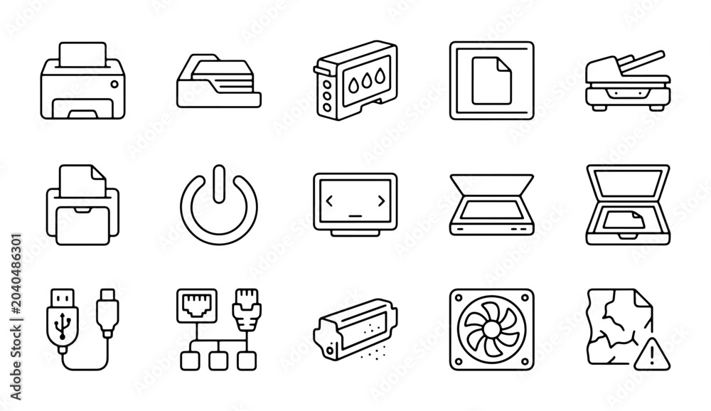 Fototapeta premium Office Technology Icons: Printers, Scanners, Ink Cartridges, USB, Network, Computer Hardware