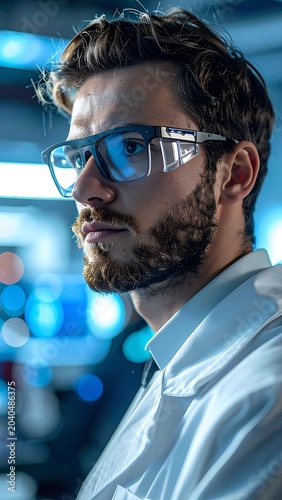 A man in safety goggles and lab coat