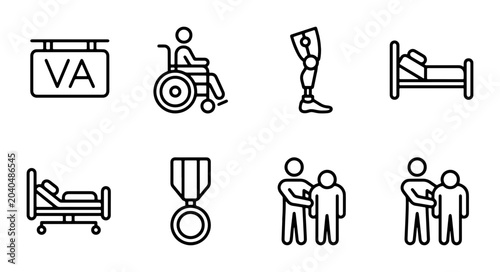 Foto Medical Icons: Wheelchair, Prosthetic Leg, Hospital Bed, Medal, Caregiver Suppor