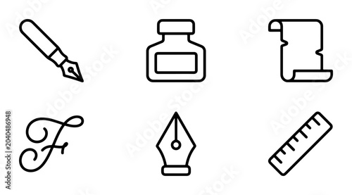 Fotografi Vintage Writing Icons Set: Fountain Pen, Inkwell, Scroll, Ruler, Calligraphy F,