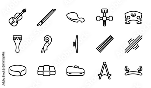 Fotografie Vector Icons: Violin, Bow, Rosin, Bridge, Tailpiece, Pegbox, Strings, Music Acce