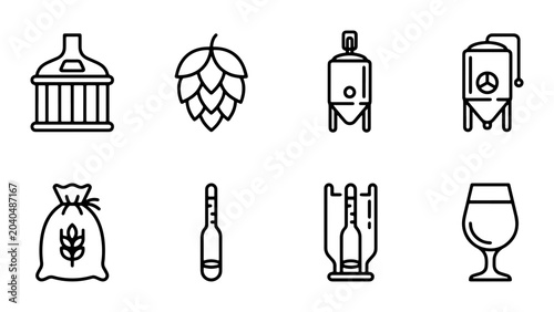 Photos Brewing Icons Set: Hop, Grain, Fermentation Tanks, Bottles, Glassware, Vector Gr