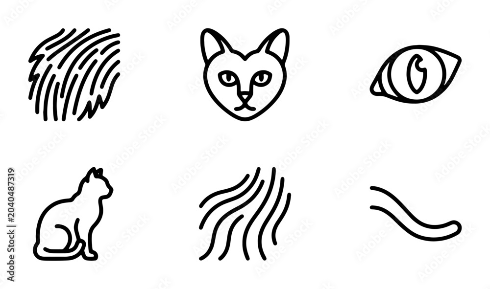 Naklejka premium Cat Icons Set: Fingerprint, Face, Eye, Silhouette, Fur, Tail, Animal Graphics