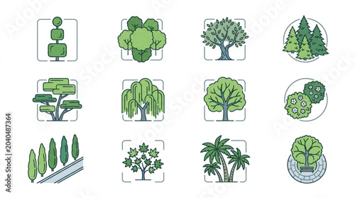 Illustrated Collection of Various Tree Types and Landscaping Elements
