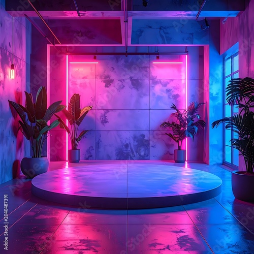 A futuristic room with a circular stage and neon lights (18)