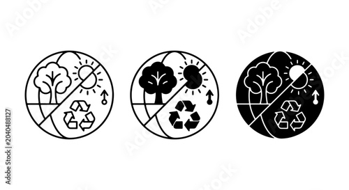 Εκτύπωση καμβά Eco-friendly Earth Icons: Recycling, Trees, Sun, Day & Night Cycles, Clean Energ