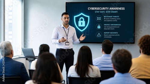 Cybersecurity Awareness Training Presentation in Professional Office Setting