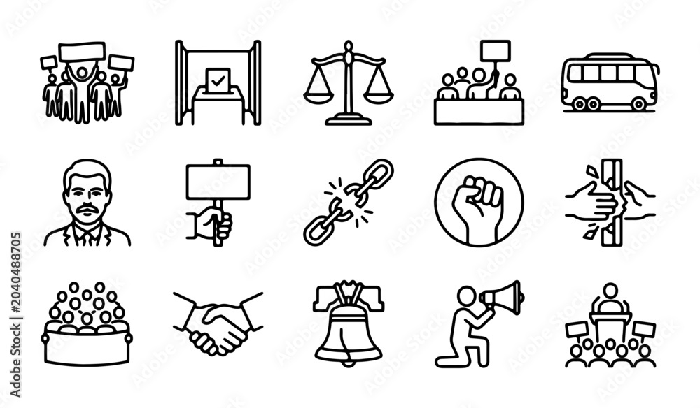Fototapeta premium Civic Engagement Icons: Protest, Voting, Justice, Freedom, Speech, Unity, 15 Vector Elements