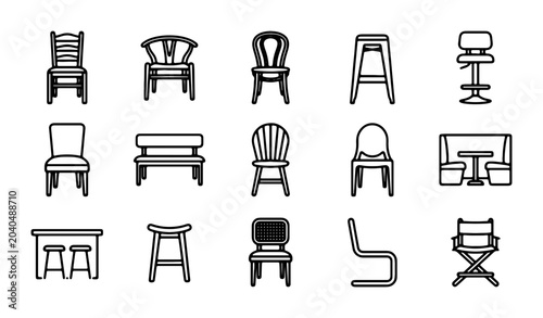 Diverse Chair Icons Set: Modern, Classic, Bar Stools, Benches, Vector Graphics
