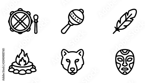 Tablou pe pânză Tribal Icons Set: Drum, Rattle, Feather, Fire, Bear, Mask, Vector Graphics