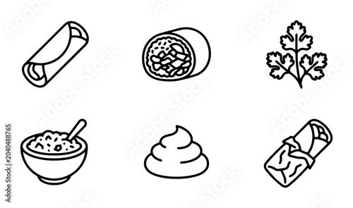 Foto Mexican Food Icons: Burrito, Guacamole, Cilantro, Salsa, Taco Vector Set