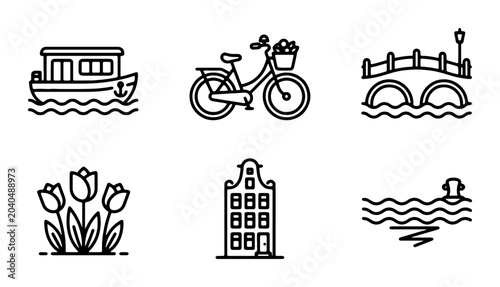 Foto Amsterdam Icons: Canal Boat, Bicycle, Bridge, Tulips, Dutch House, Water Vector