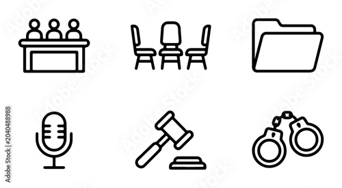 Canvastavla Law Icons Set: Courtroom, Gavel, Handcuffs, Microphone, Folder, Jurors