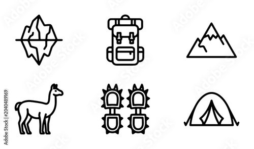 Foto Outdoor Adventure Icons: Iceberg, Backpack, Mountain, Llama, Crampons, Tent Vect
