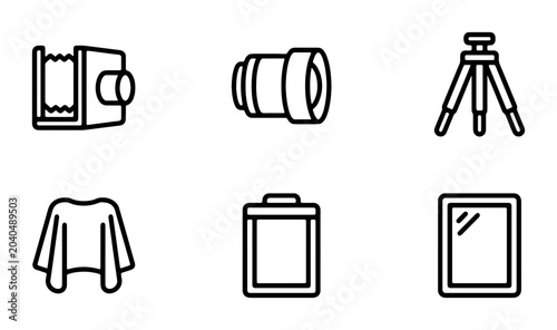 Fotografie Photography Icons Set: Vintage Camera, Lens, Tripod, Fabric, Light Meter, Mirror