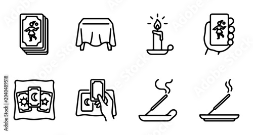 Foto Tarot Card Reading Icons, Fortune Telling Symbols, Mystical Ritual Elements, Eso