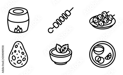 Indian Food Icons: Tandoor, Kebabs, Naan, Chutney, Thali Set, Vector Graphics