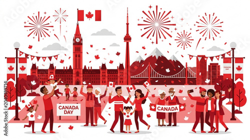 Photography Canada day celebration scene with diverse people fireworks and iconic landmarks