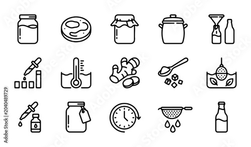 Food Preservation Icons: Canning, Jam Making, Pickling, Fermentation, Ingredients & Tools