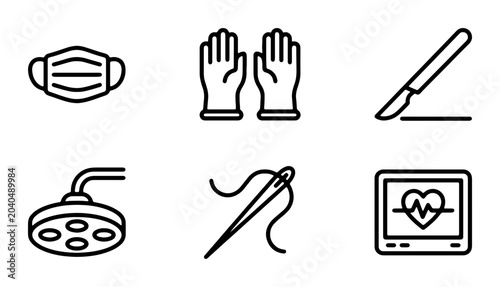 Medical Icons Set: Surgical Mask, Gloves, Scalpel, Lamp, Needle, Monitor. Healthcare symbols.