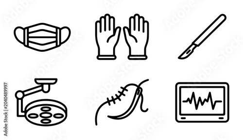 Medical Surgery Icons: Mask, Gloves, Scalpel, Lamp, Suture, Monitor, Healthcare Vector Set