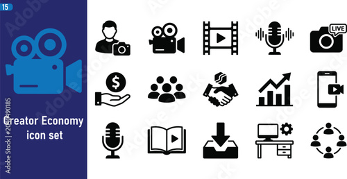 A collection of 15 vector icons representing the creator economy, including video production, podcasting, monetization, and social media engagement.