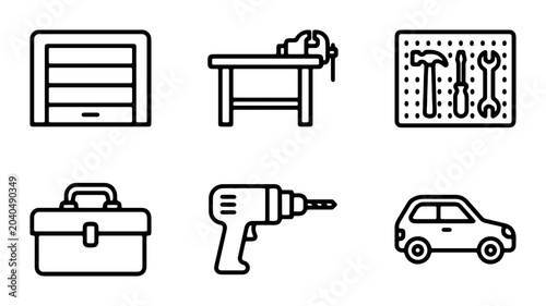 Garage Door, Workbench, Tool Board, Toolbox, Drill, Car Icons: Workshop & DIY Vector Set