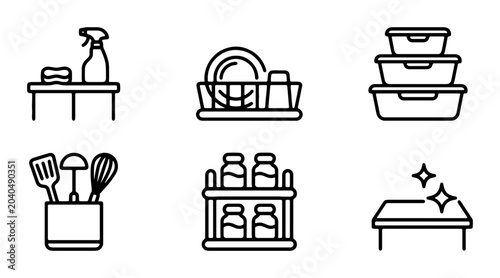 Valokuva Kitchen Cleaning and Organization Icons: Utensils, Dishes, Storage, Spices, Spra