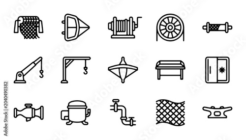 Bild auf Leinwand Marine Equipment Icons Set: Nautical Gear, Ship Hardware, Industrial Components,
