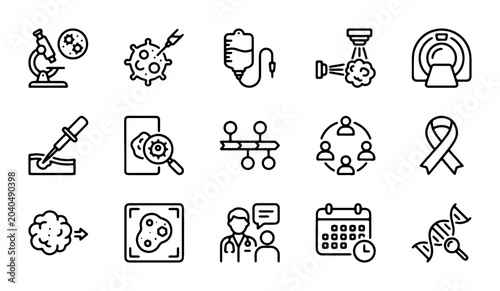 Tableau sur toile Cancer Research Icons: Medical Science, Diagnosis, Treatment, DNA, Cells, Micros