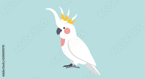 Foto Cute cockatoo parrot with yellow crest and crown, flat design, isolated on light blue background