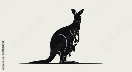 Obraz na płótnie Silhouette of Kangaroo with Joey in Pouch, Australian Wildlife Vector Art