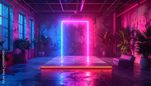A futuristic room with a neon-lit stage and plants (4)