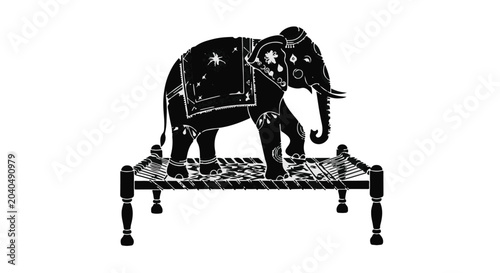 Whimsical elephant adorned with stars stands on a traditional bedstead, creating a surreal dreamscape.