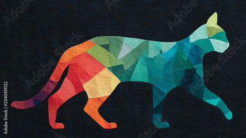 Abstract artistic cat silhouette made of colorful geometric quilted fabric patches on dark background