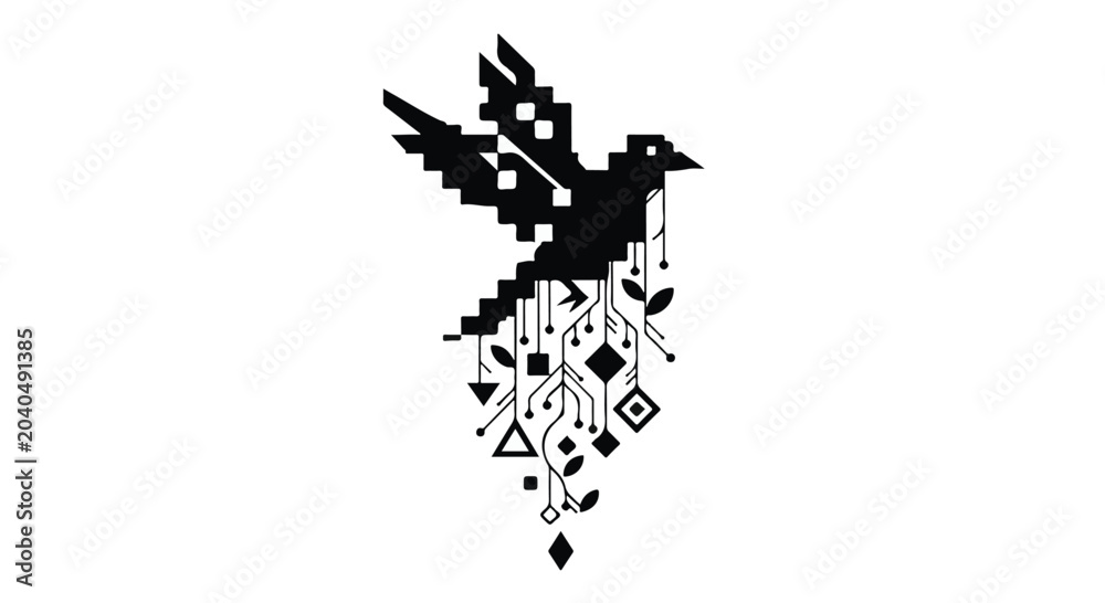 Fototapeta premium Abstract digital bird silhouette with geometric shapes and circuits on white background