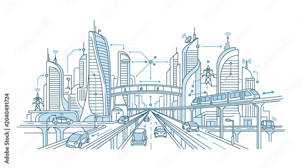 Fototapeta premium Futuristic Smart City Panorama Connected Infrastructure Illustration