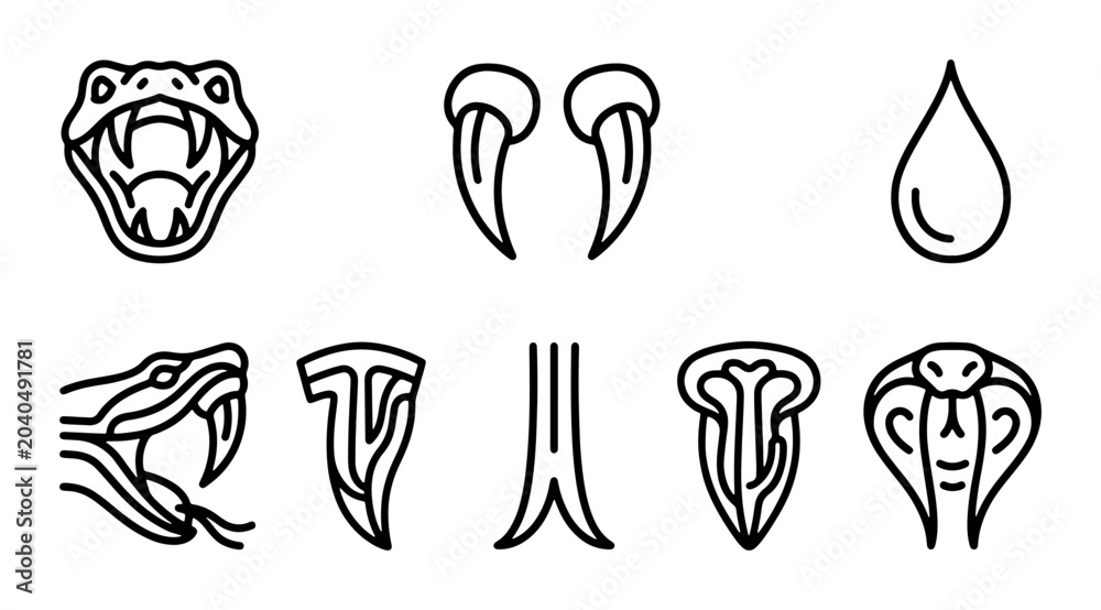 Obraz premium Snake Icons Set: Fangs, Head, Cobra, Venom Drop, Danger Symbols Vector Art
