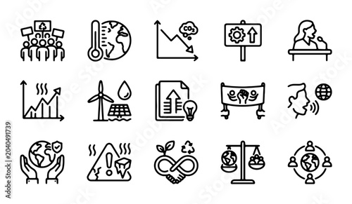 Schilderij op canvas Climate Change Icons, Environmental Sustainability Symbols, Global Warming Graph