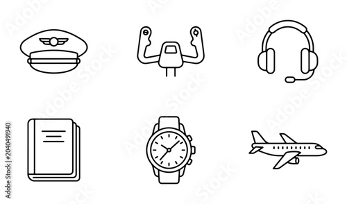 Schilderij op canvas Aviation Icons Set: Pilot Hat, Yoke, Headset, Logbook, Watch, Airplane, Vector G