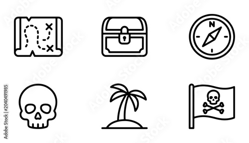 Quadro su tela Pirate Icons Set: Treasure Map, Skull, Chest, Compass, Palm Tree, Jolly Roger Fl