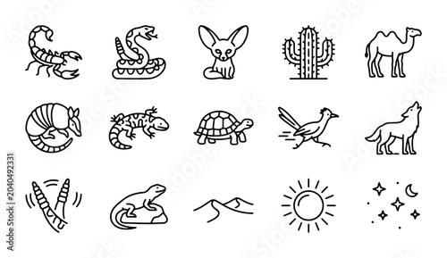 Bilde på lerret Desert Wildlife Icons Set: Scorpion, Snake, Fennec Fox, Cactus, Camel, Armadillo