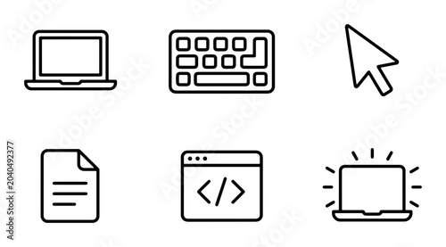 Fotografía Technology Icons: Laptop, Keyboard, Mouse, Document, Code, Digital Device Set