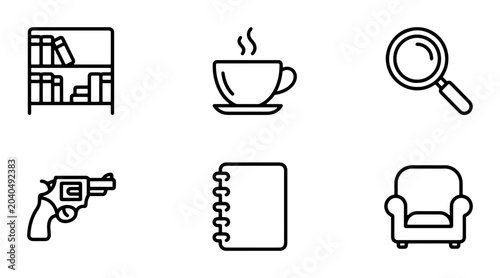 Mystery Icons Set: Detective, Bookshelf, Coffee, Magnifying Glass, Revolver, Armchair