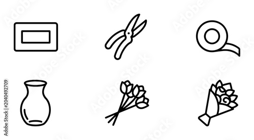 Florist Tools & Supplies Icons: Vase, Scissors, Tape, Bouquet, Frame, Vector Set