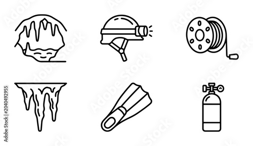 Bild auf Leinwand Cave Exploration Icons Set: Speleology Gear, Stalactites, Scuba Diving Equipment