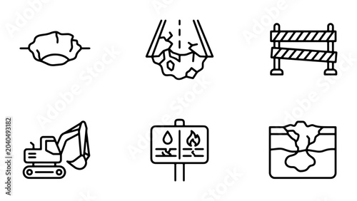 Construction Site Icons: Excavator, Road Hazard, Safety Barrier, Hole, Danger Signs, Earthwork